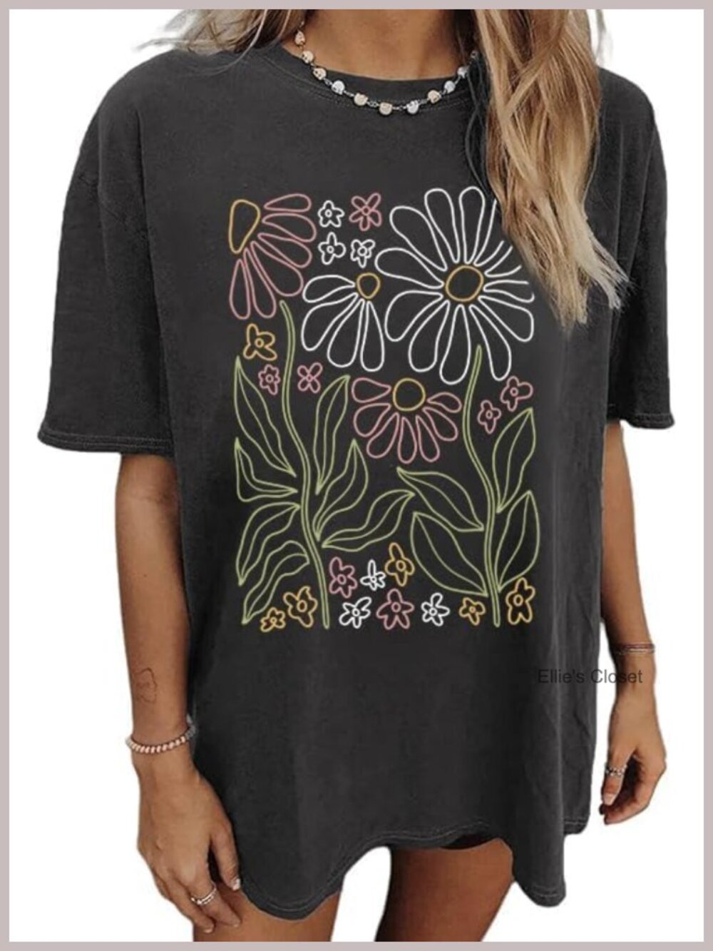 Oversized Floral Graphic T-Shirt for Women Boho Acid Wash Crew Neck